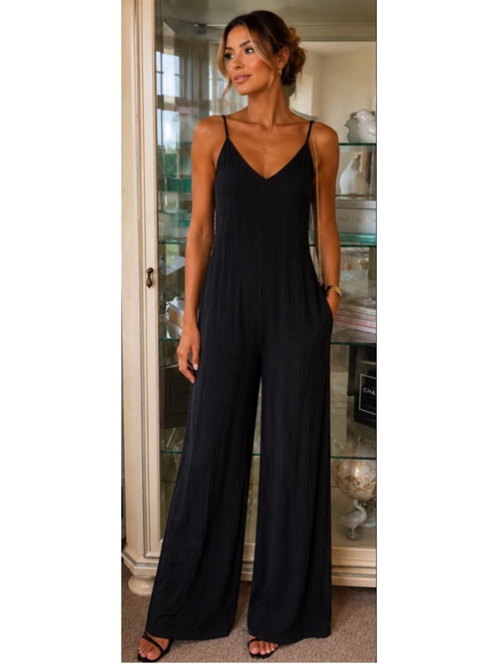 New ZARA TRAFALUC Black Ribbed V-Neck Jumpsuit Size M